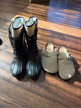 Pair of Winter Boots and Beige Slip-On Clogs